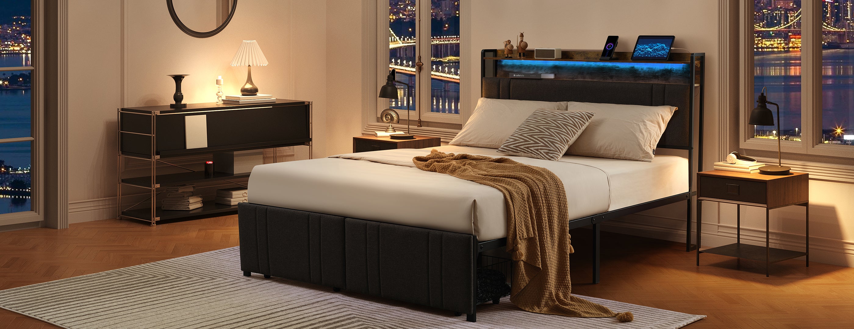 Modern bedroom with a bed, nightstands, and cityscape view