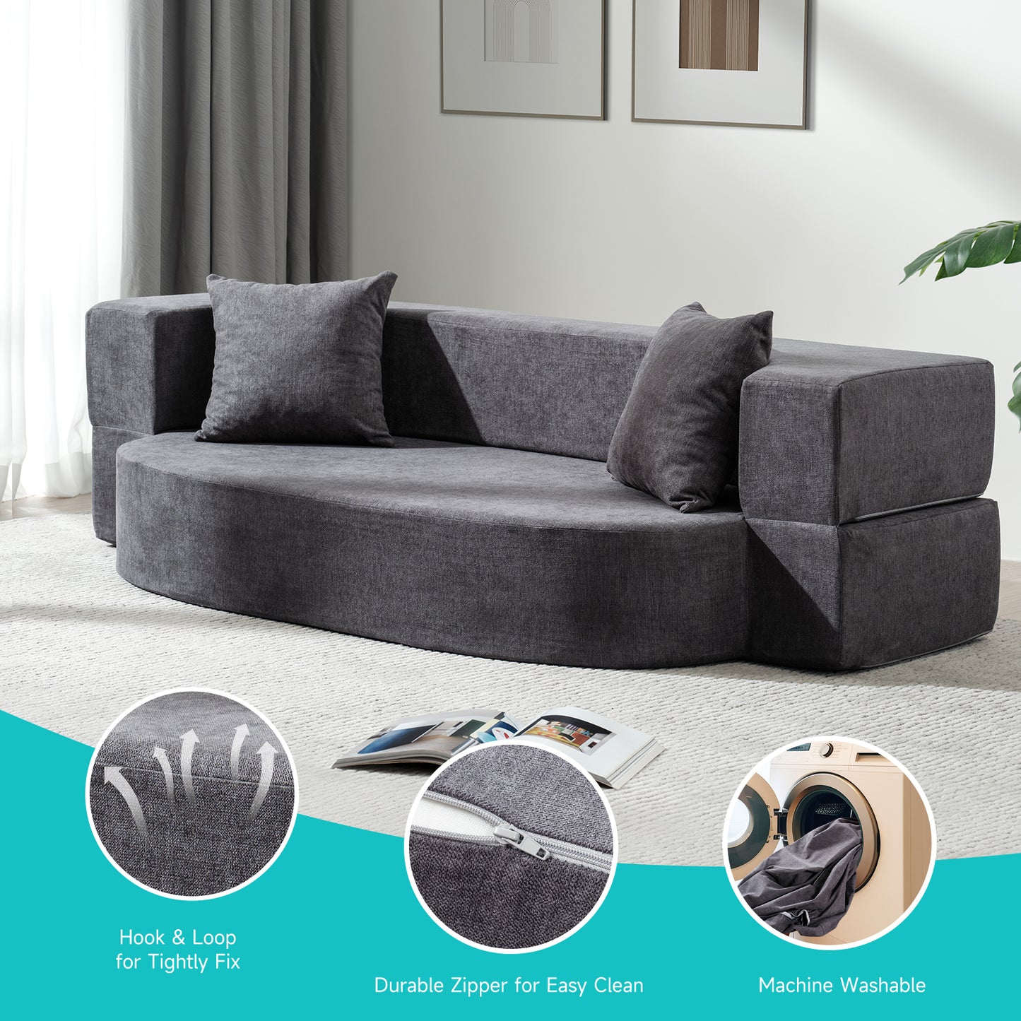 Folding Sofa Bed with 2 Pillows & Washable Cover, 75" W x 32" D x 10" H