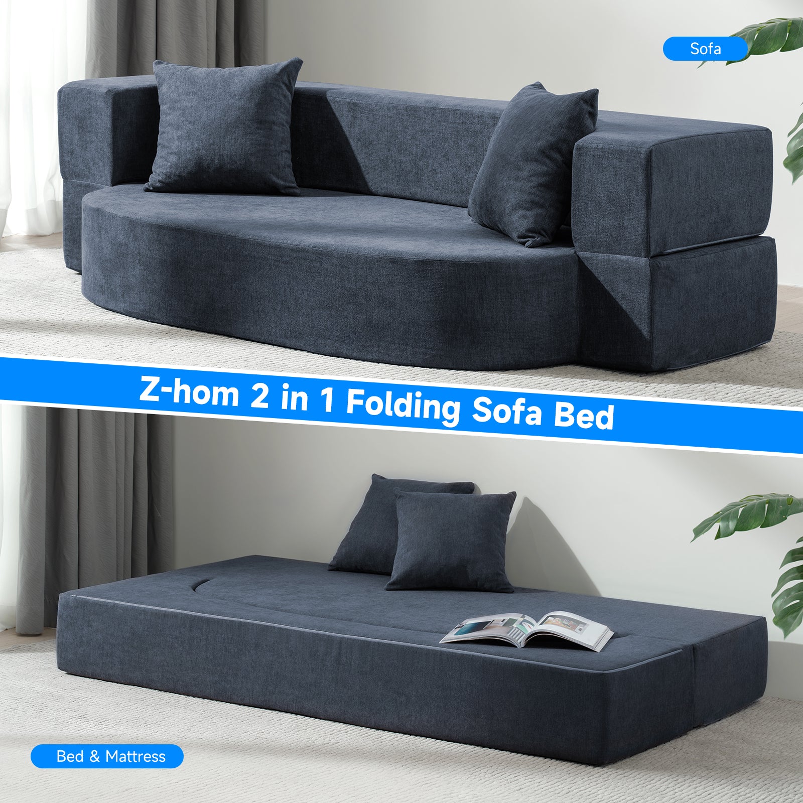 Folding Sofa Bed,Z-HOM 10 inch Convertible Memory Foam Couch with 2 Pillows & Washable Cover Fold Out 2-in-1 Futon Sofa Sleeper Chair Mattress, Twin,Dark Blue