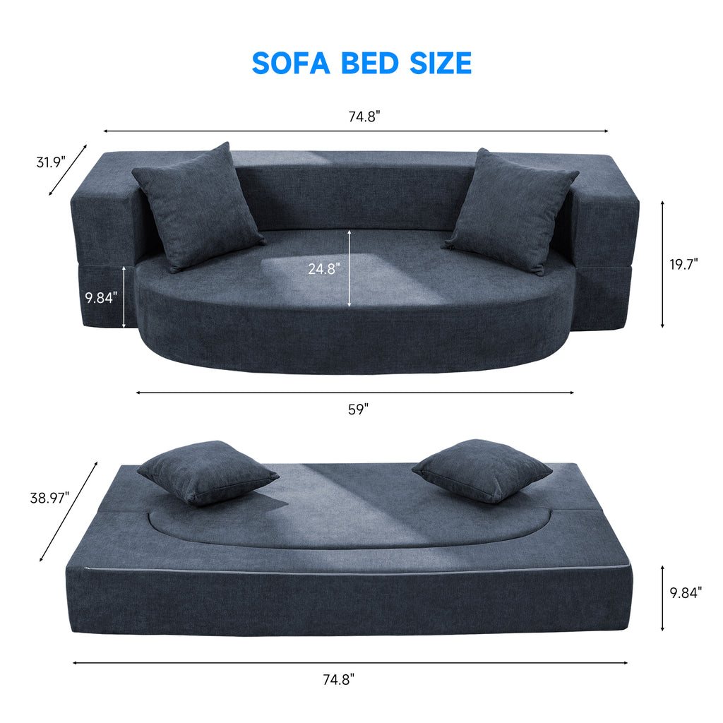 Folding Sofa Bed with 2 Pillows & Washable Cover, 75" W x 32" D x 10" H