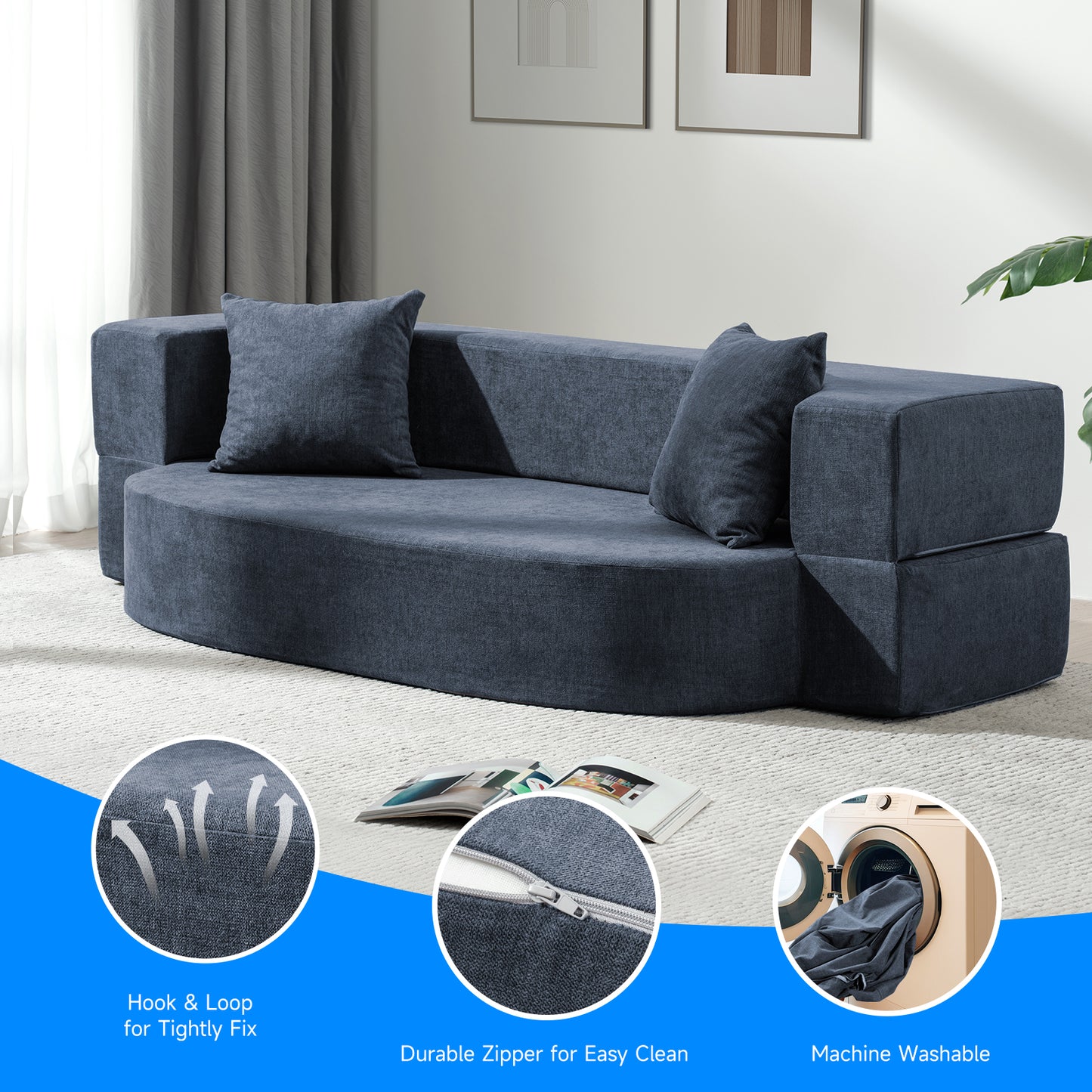 Folding Sofa Bed with 2 Pillows & Washable Cover, 75" W x 32" D x 10" H